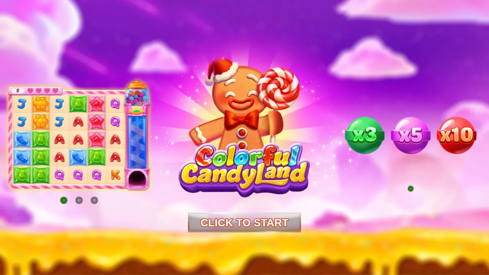Colorful Candyland start screen with game features