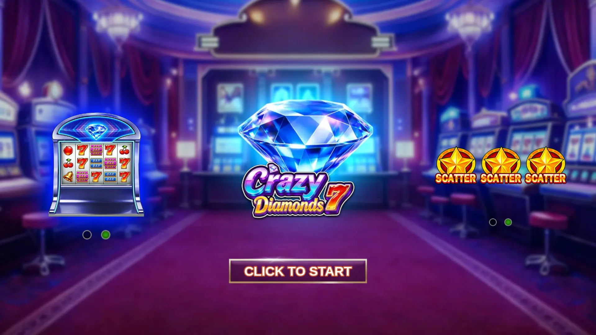 Crazy Diamonds 7 start screen with game features