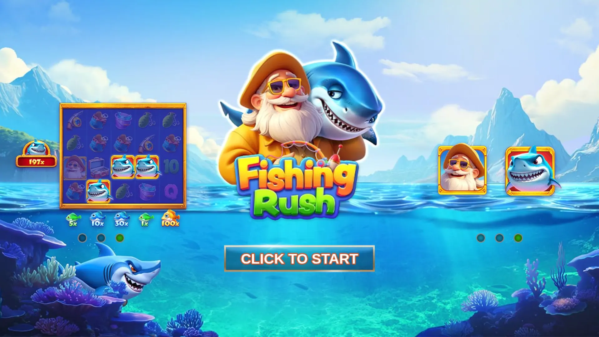 Fishing Rush start screen with game features
