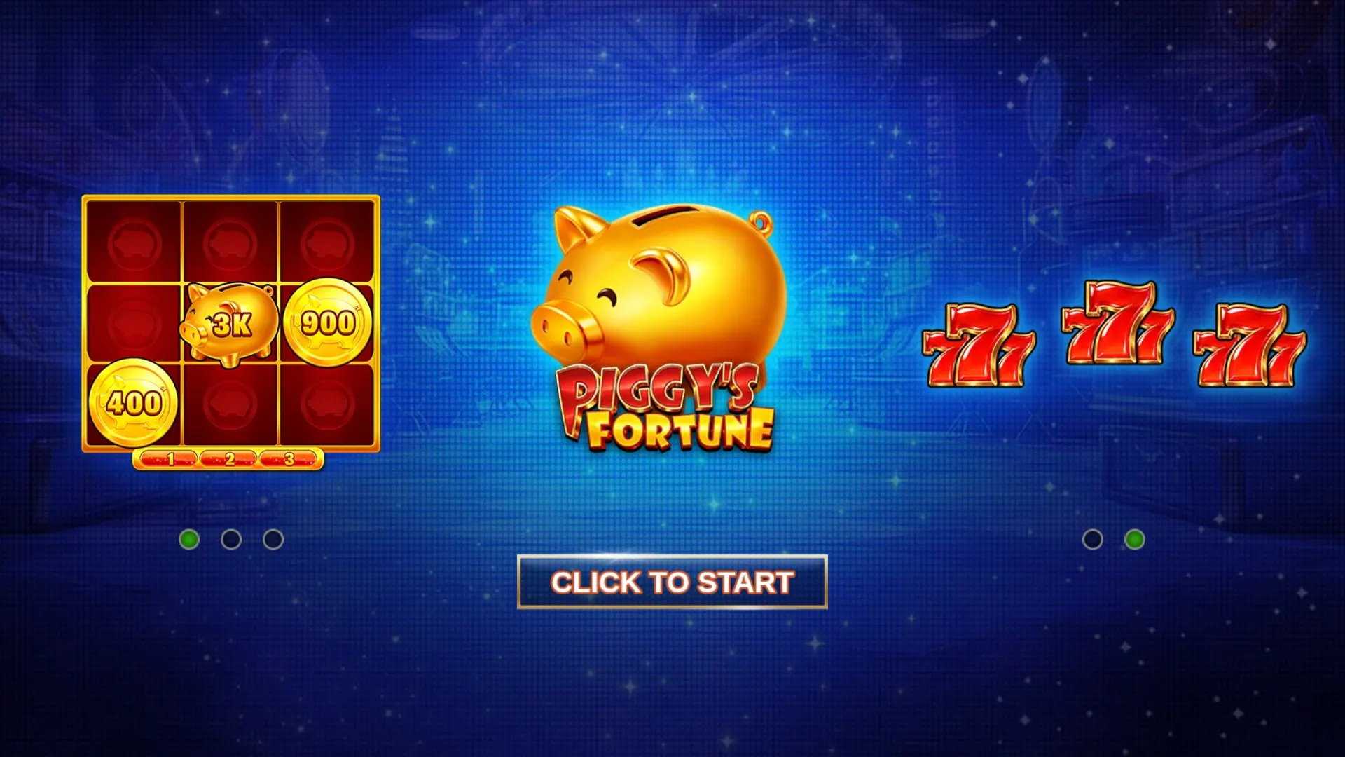 Piggy's Fortune start screen with game features