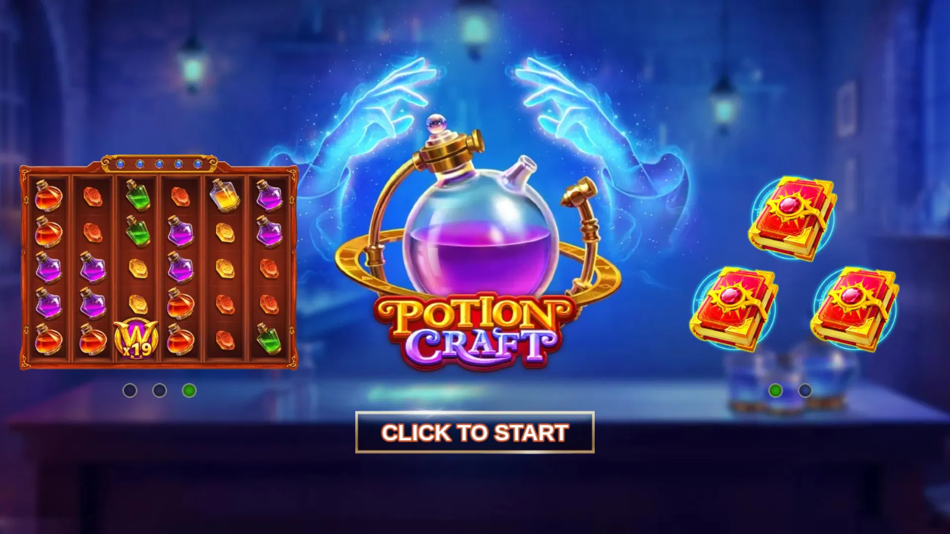 Potion Craft start screen with game features