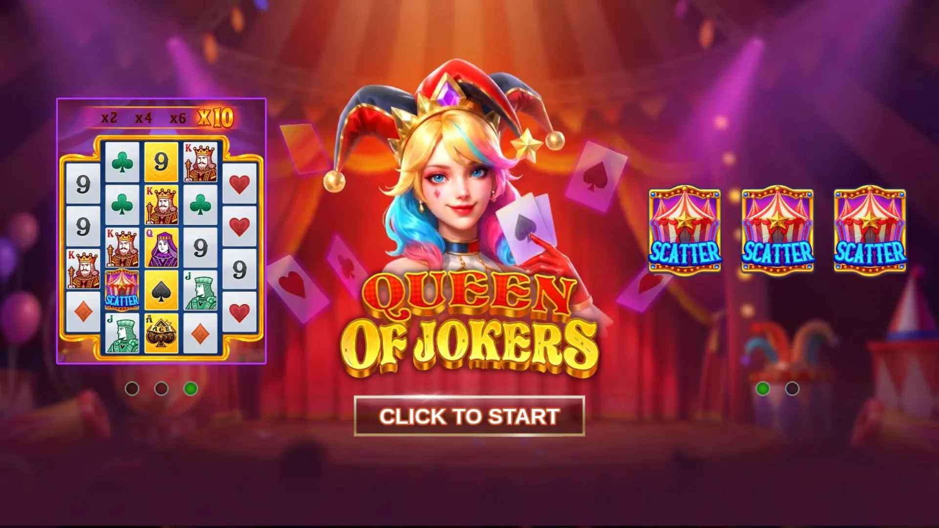 Queen of Jokers start screen with game features