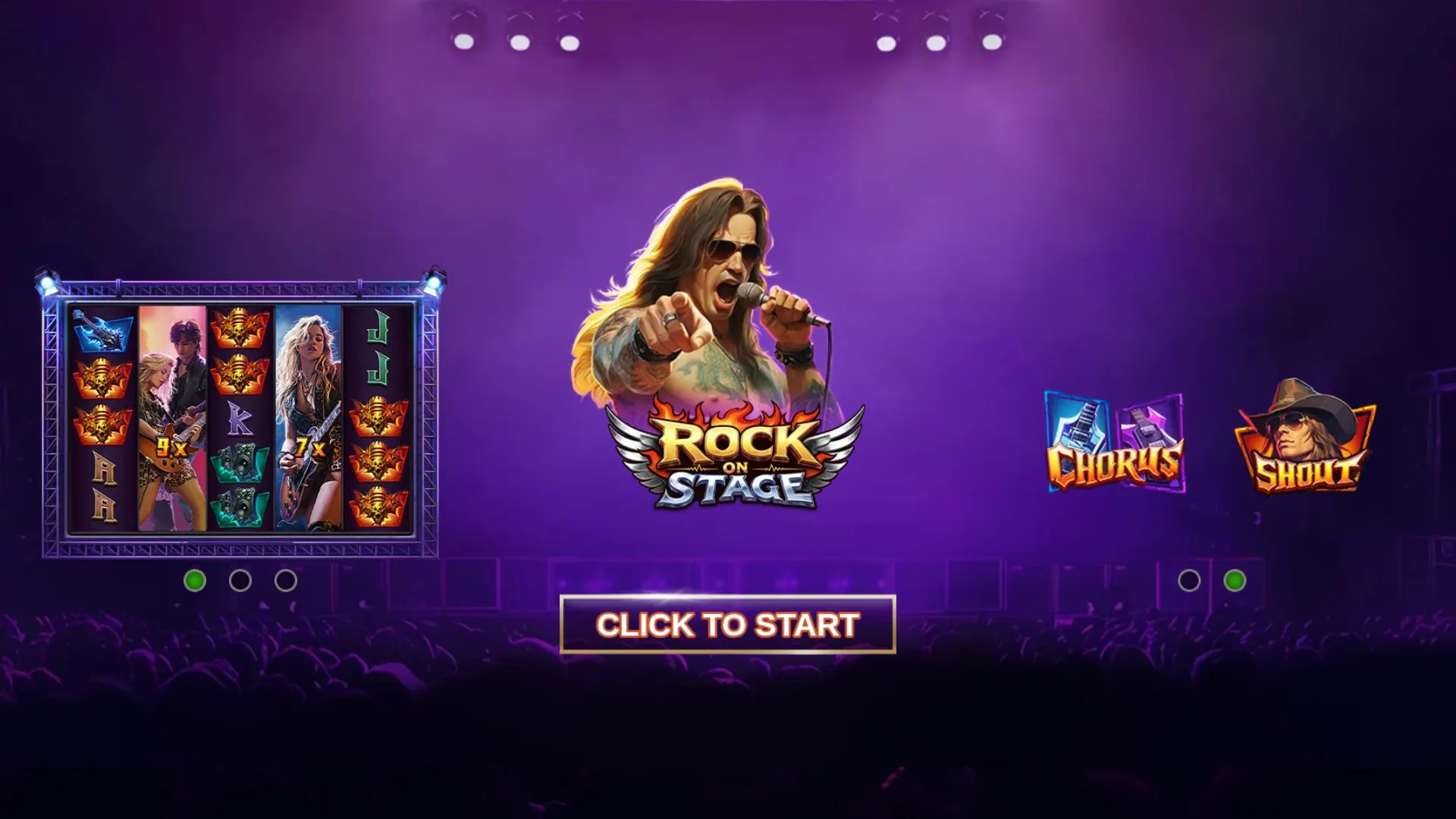 Rock on Stage start screen with game features